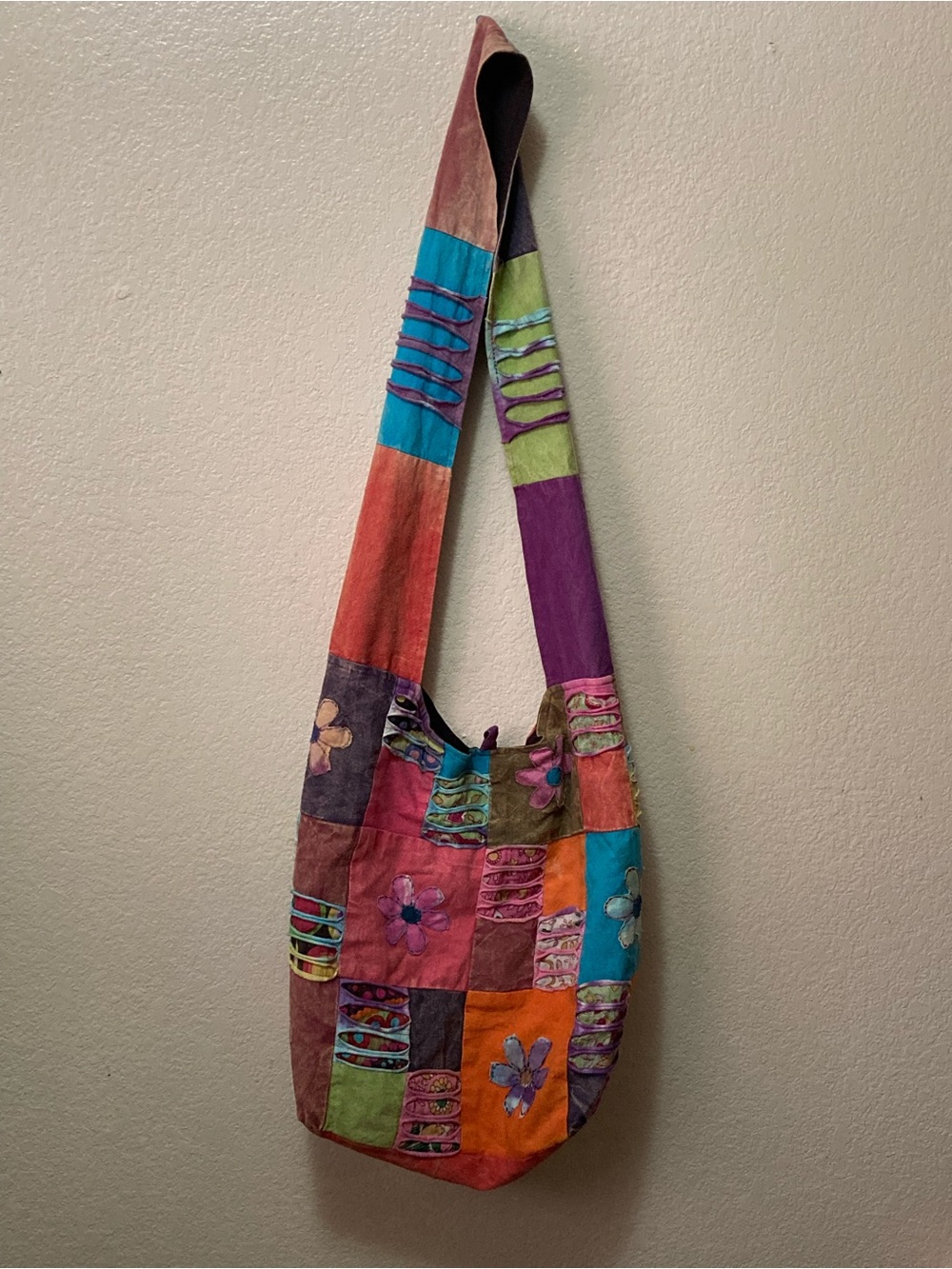 Boho Hippie Flower Colorblock Patchwork Sling Bag - Multicolor